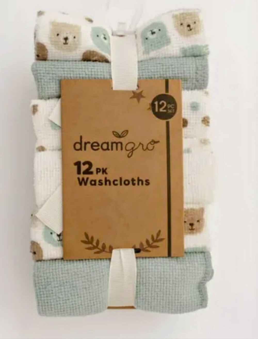 12-Pack Baby Washcloths Sage Green and Cream